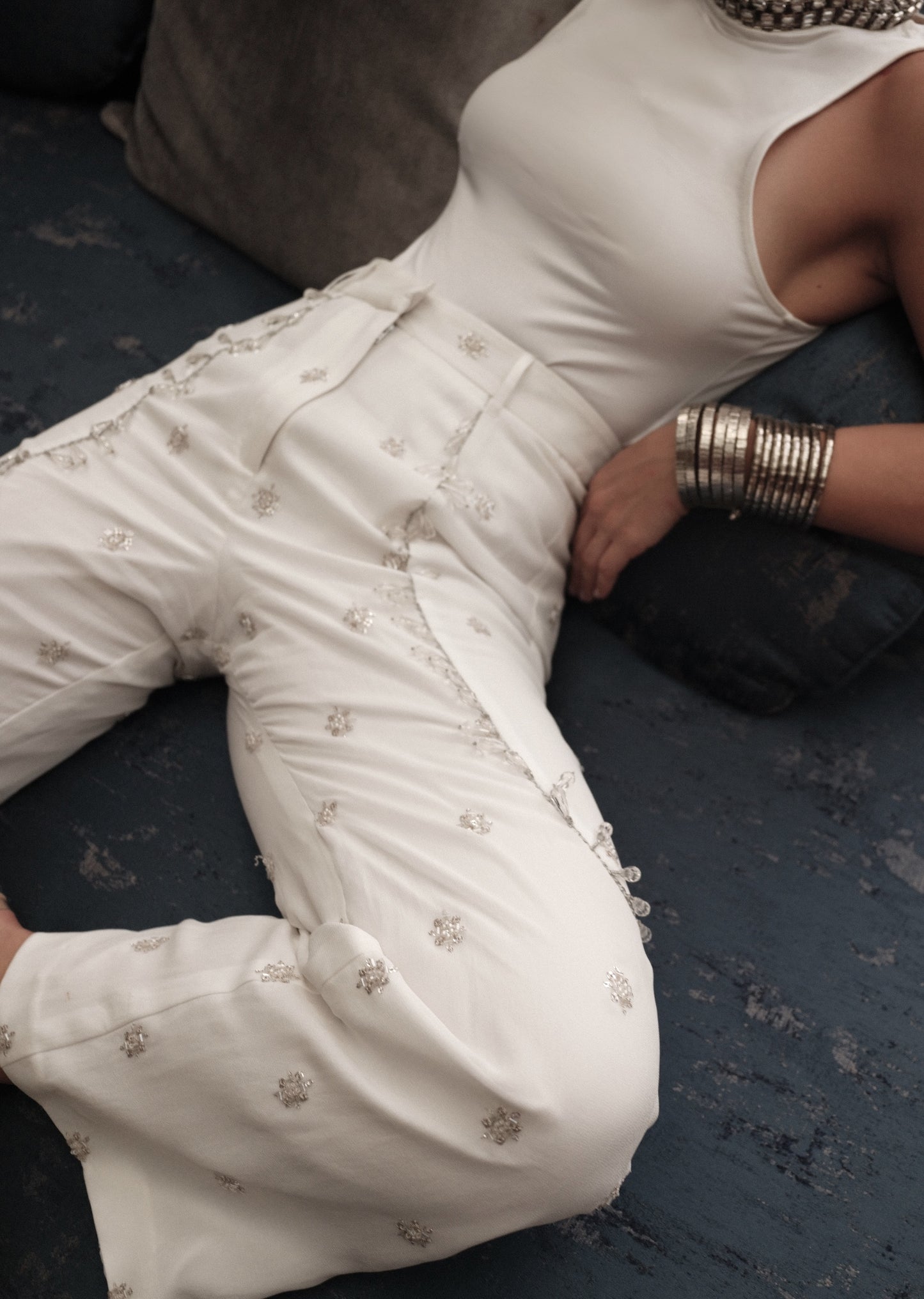 Diana Pants - White Embroidered Pants with Crystals