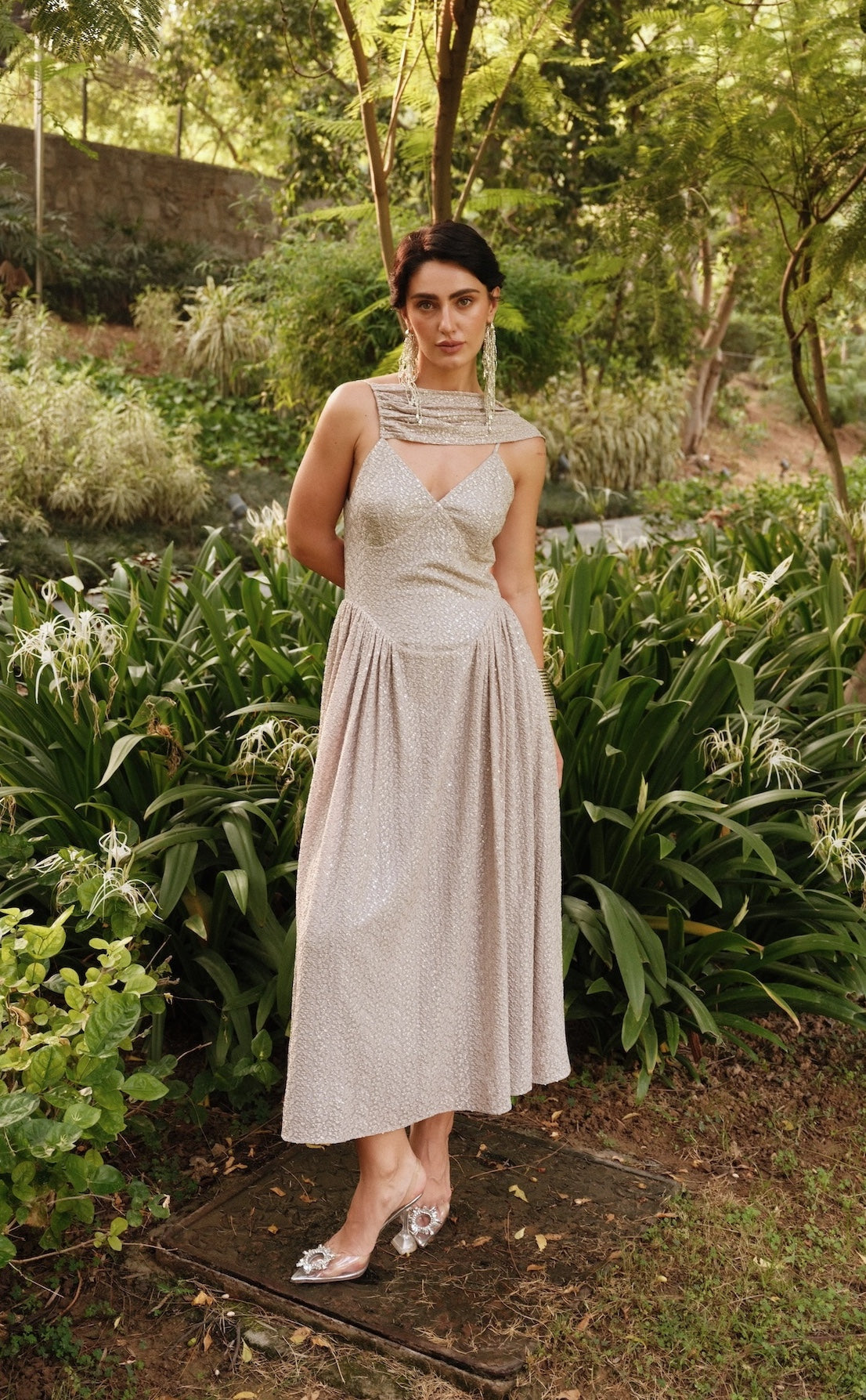 Julia - Grey Embroidered Long Dress with Tassel Scarf
