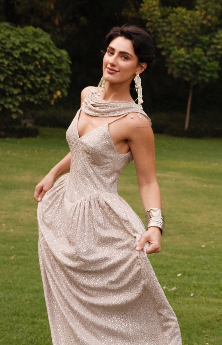 Julia - Grey Embroidered Long Dress with Tassel Scarf