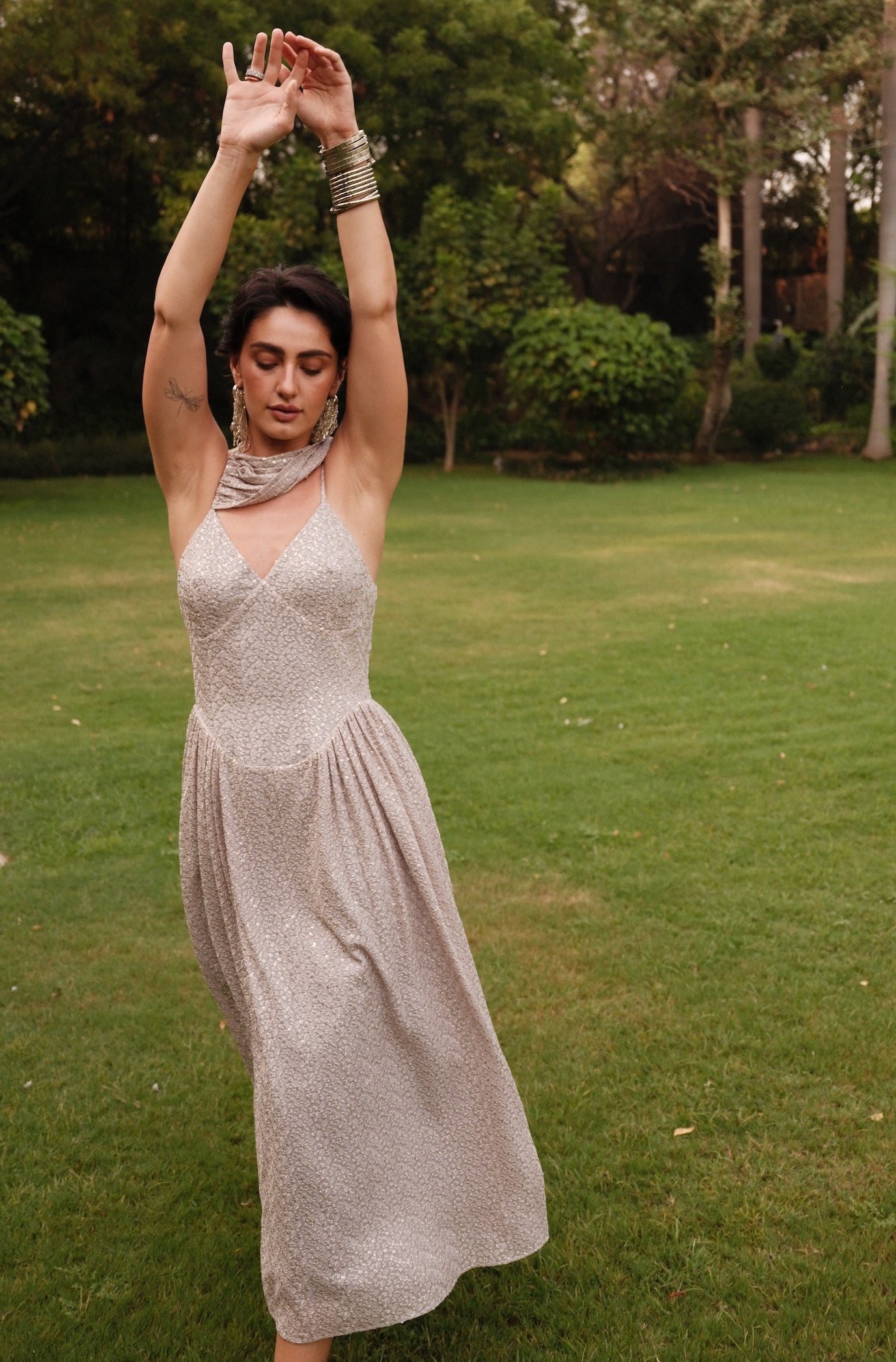 Julia - Grey Embroidered Long Dress with Tassel Scarf