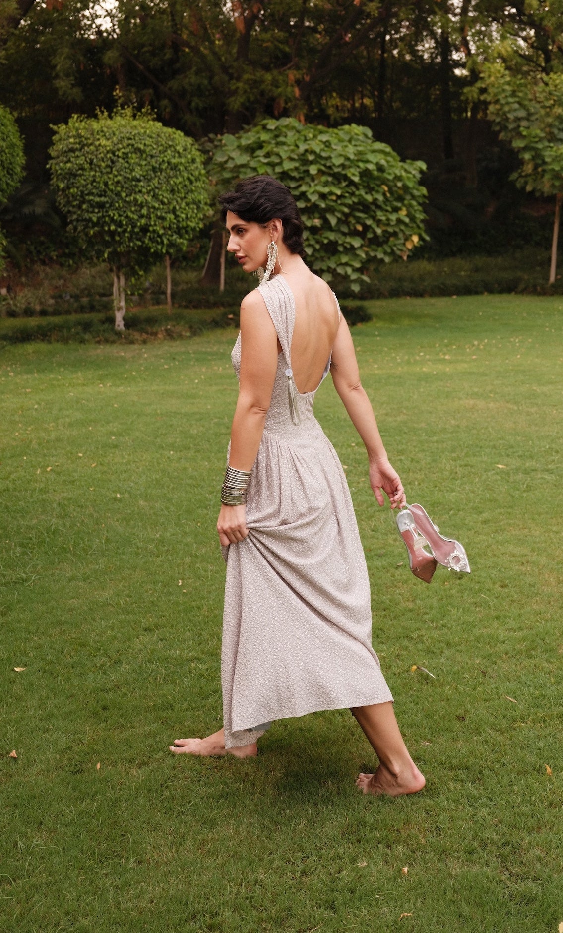 Julia - Grey Embroidered Long Dress with Tassel Scarf