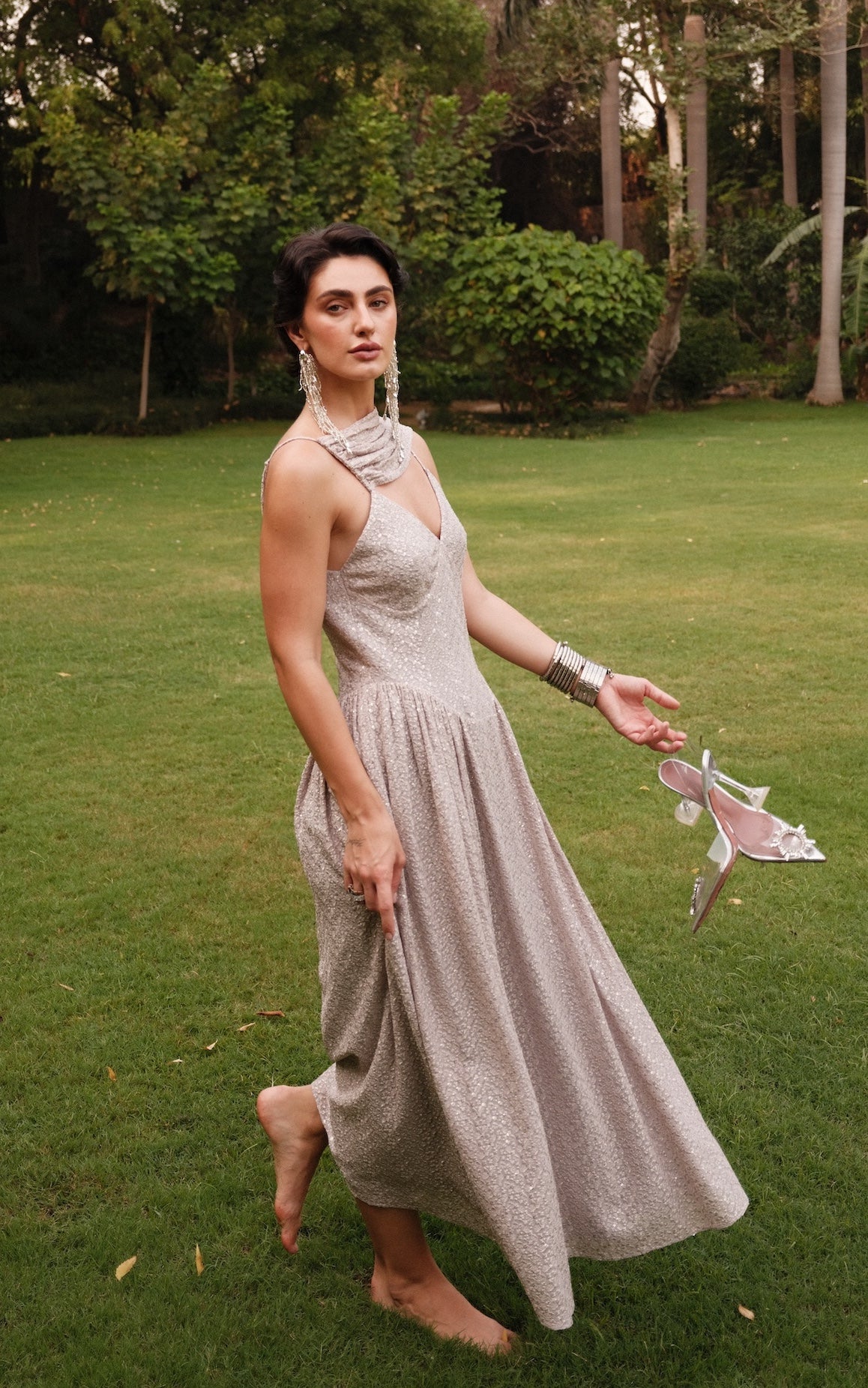 Julia - Grey Embroidered Long Dress with Tassel Scarf