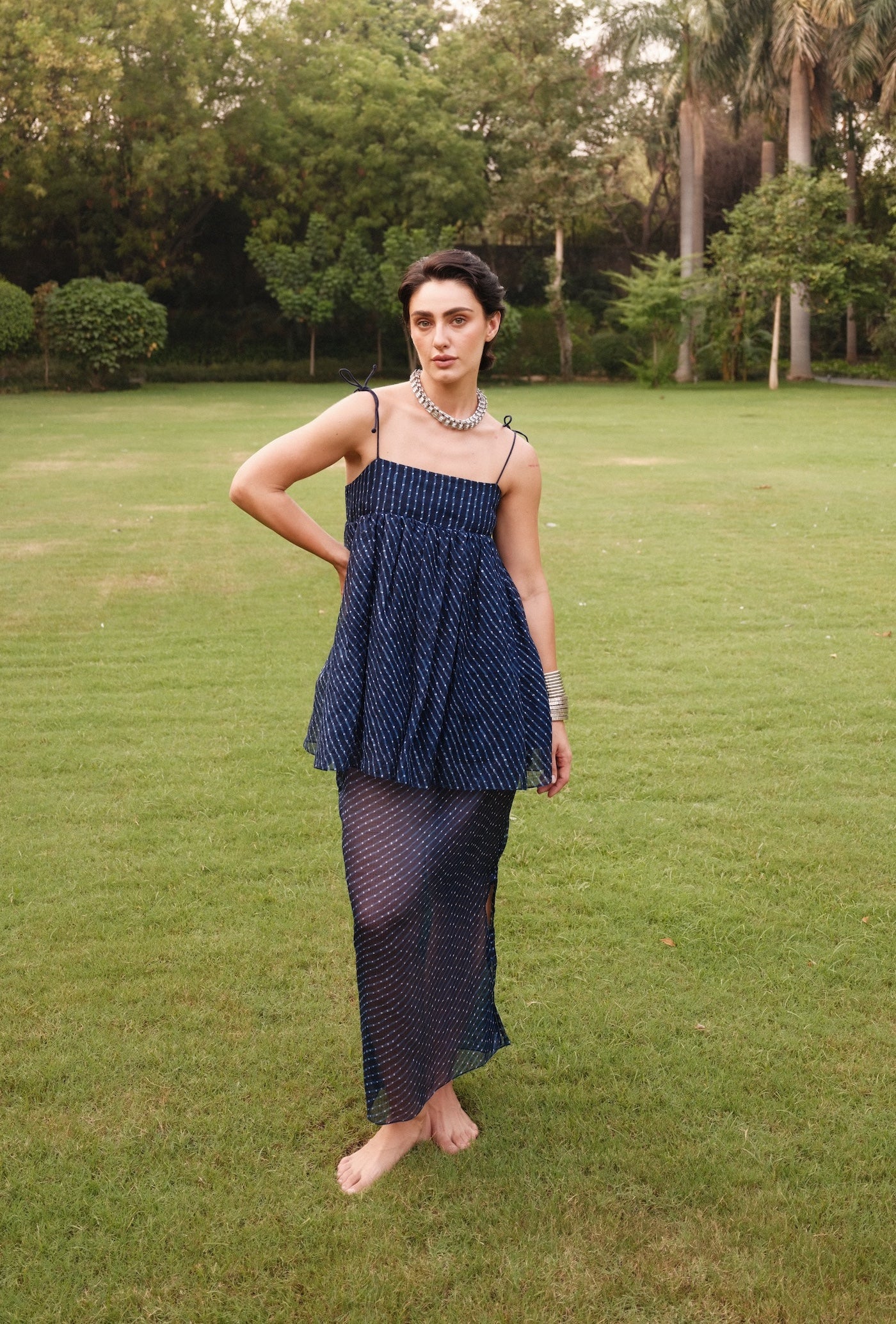 Sienna Long Skirt - Sheer in Blue Leheriya Print