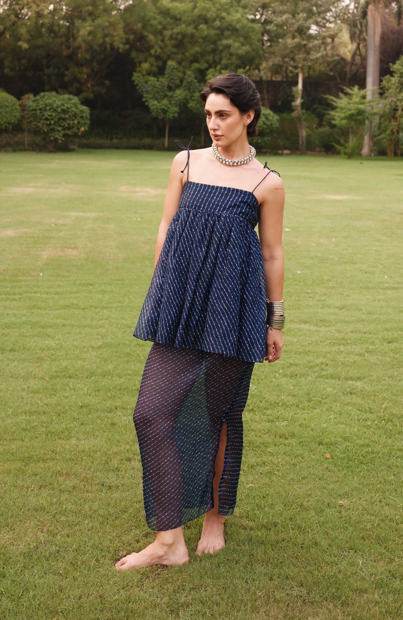 Sienna Long Skirt - Sheer in Blue Leheriya Print