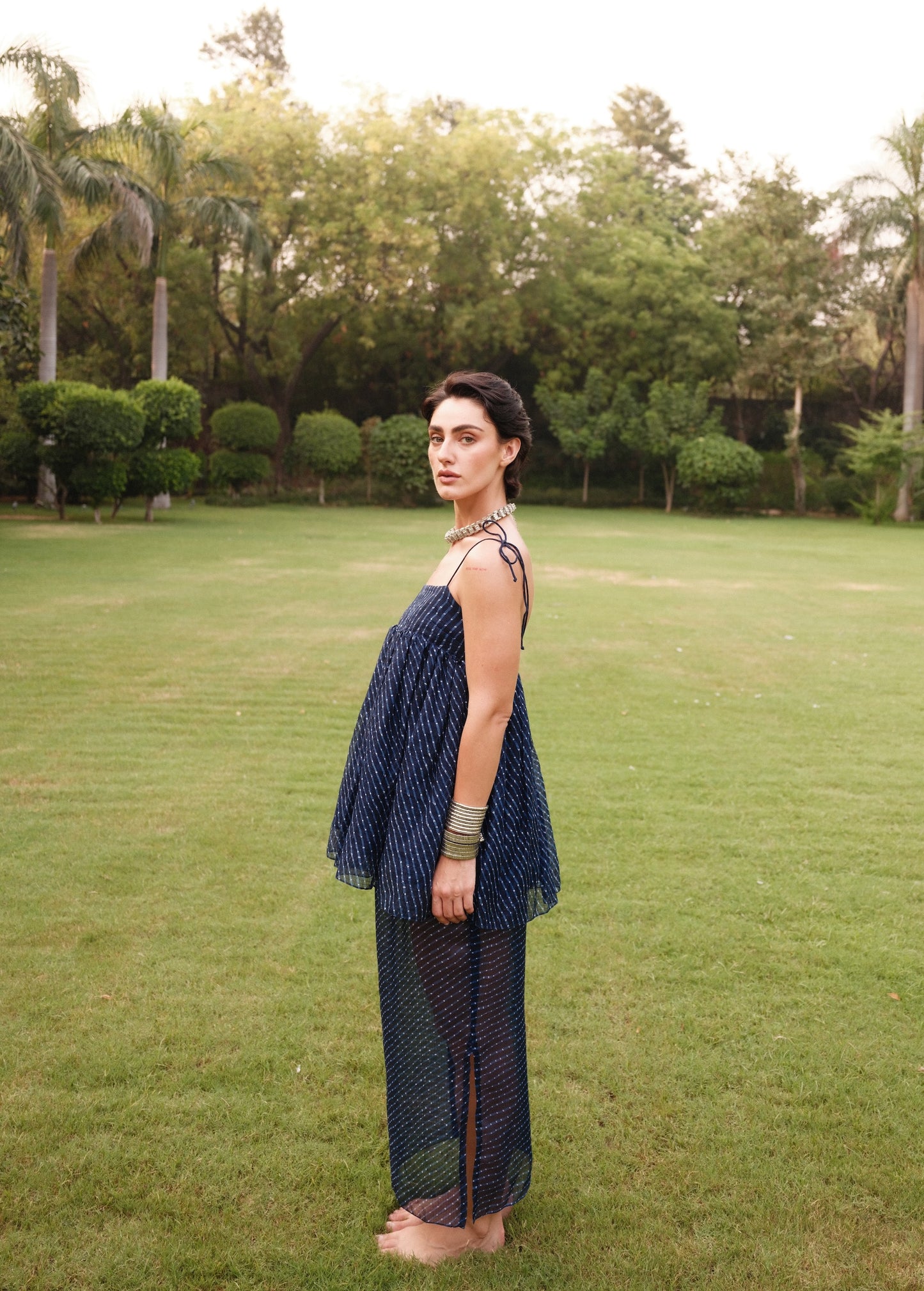 Sienna Long Skirt - Sheer in Blue Leheriya Print