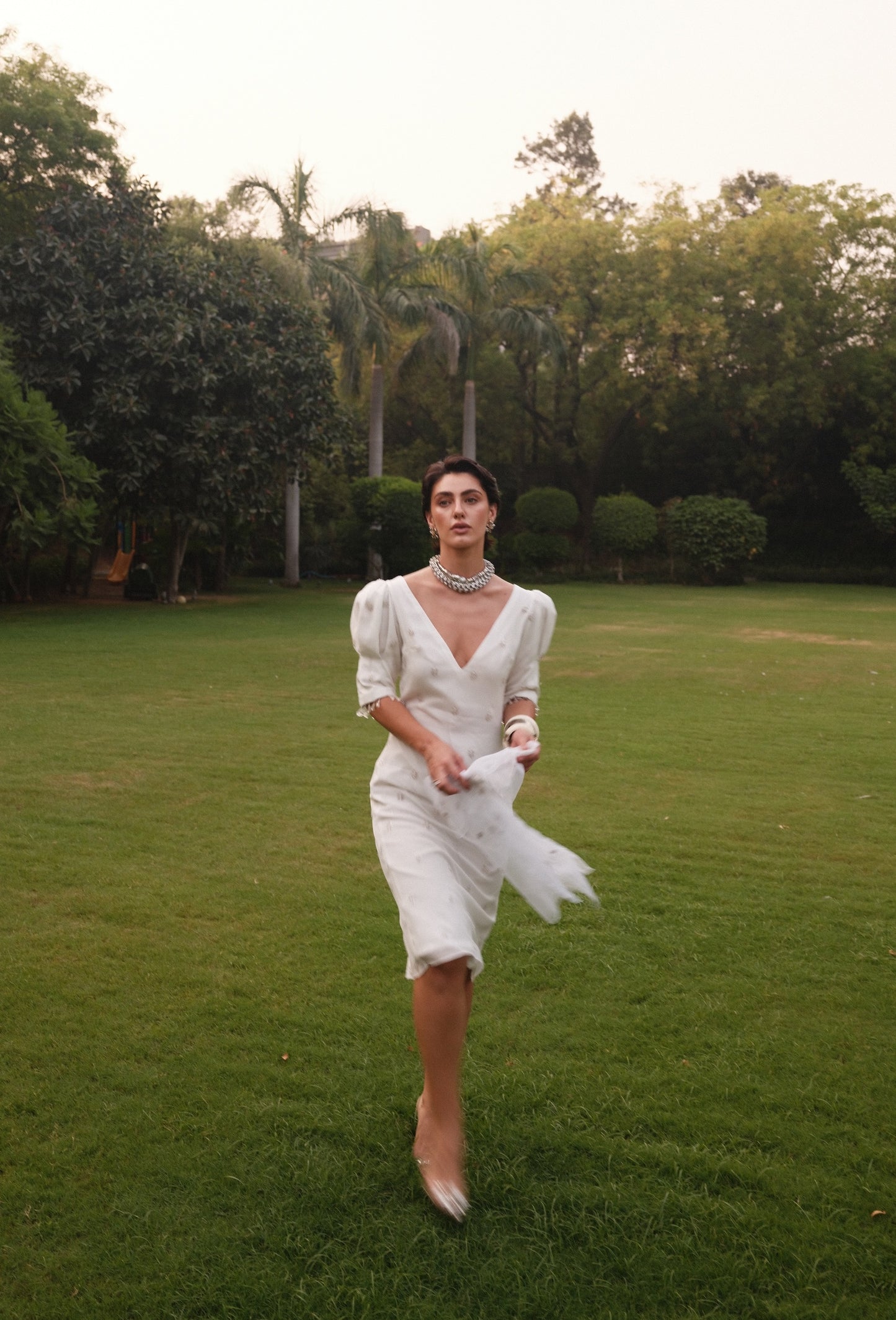 Diana - Puff Shoulders White Embroidered Dress