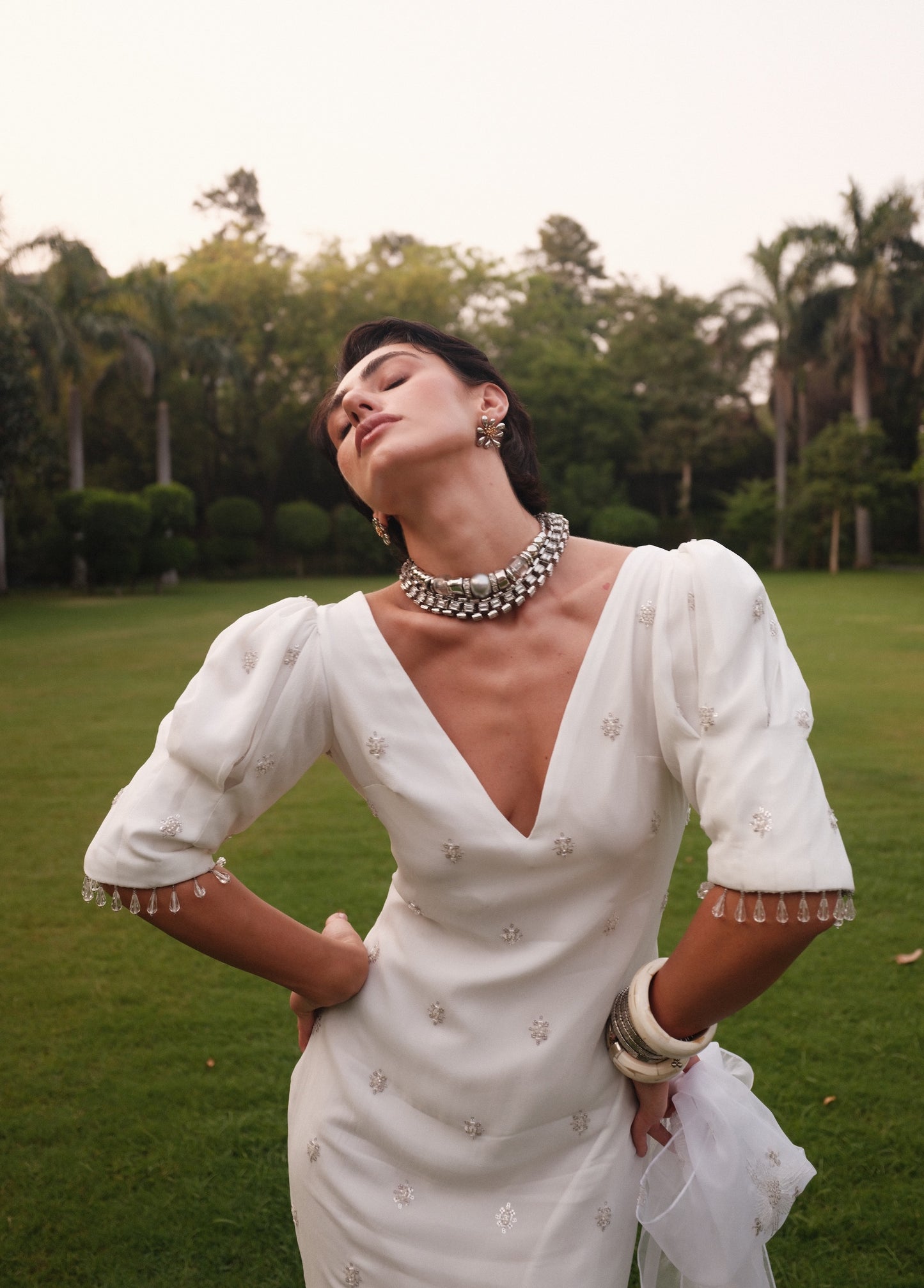 Diana - Puff Shoulders White Embroidered Dress
