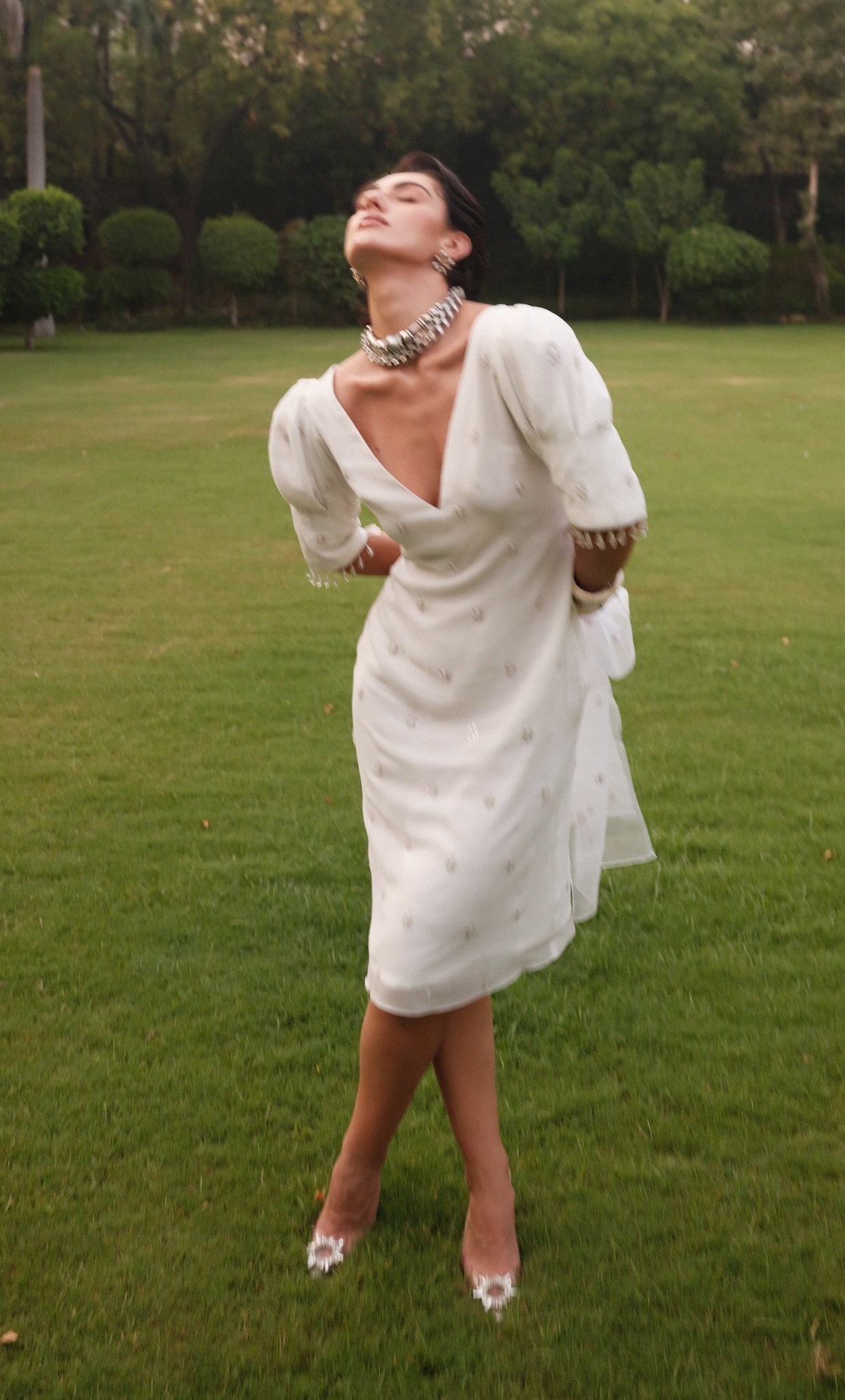 Diana - Puff Shoulders White Embroidered Dress