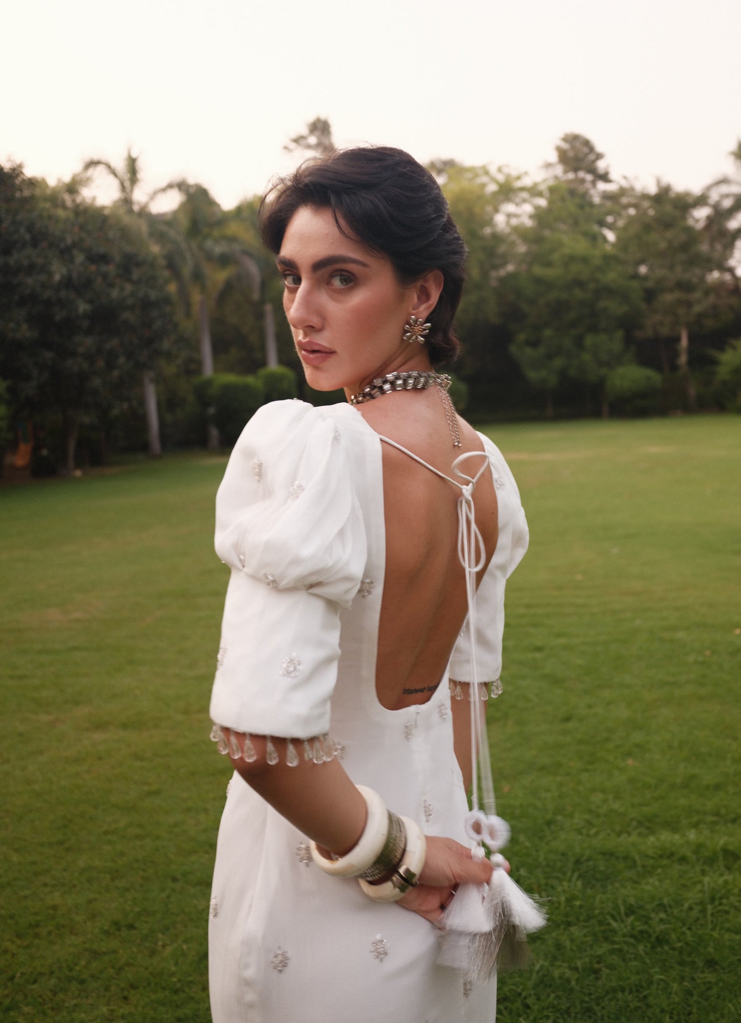 Diana - Puff Shoulders White Embroidered Dress