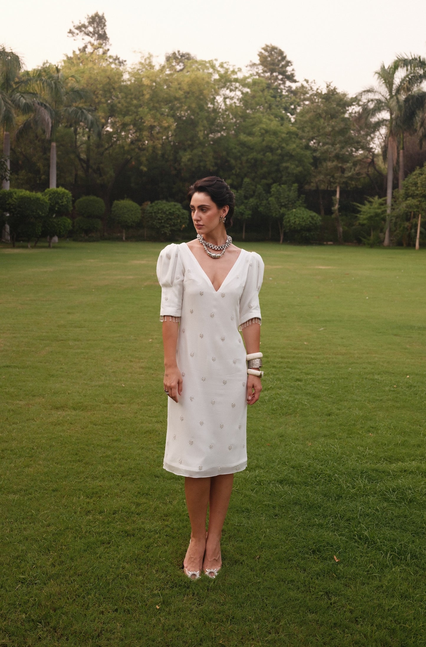Diana - Puff Shoulders White Embroidered Dress