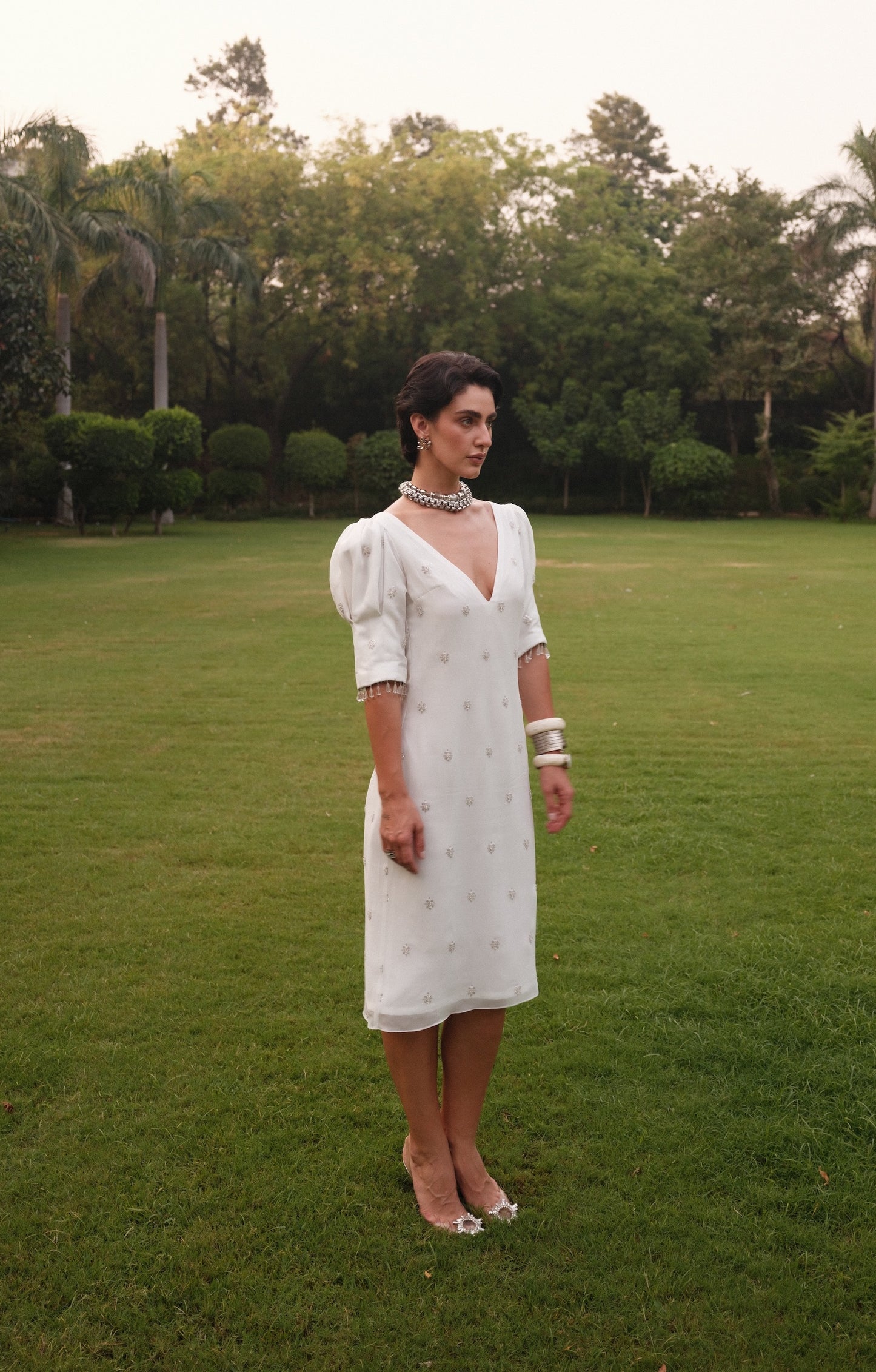Diana - Puff Shoulders White Embroidered Dress