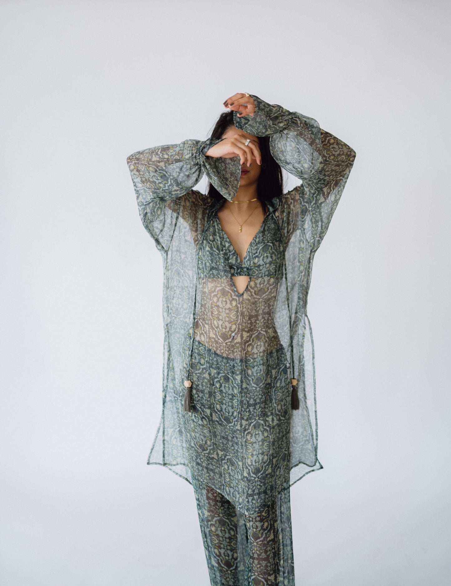 Sheer Long Printed Shirt - Green - Hëne