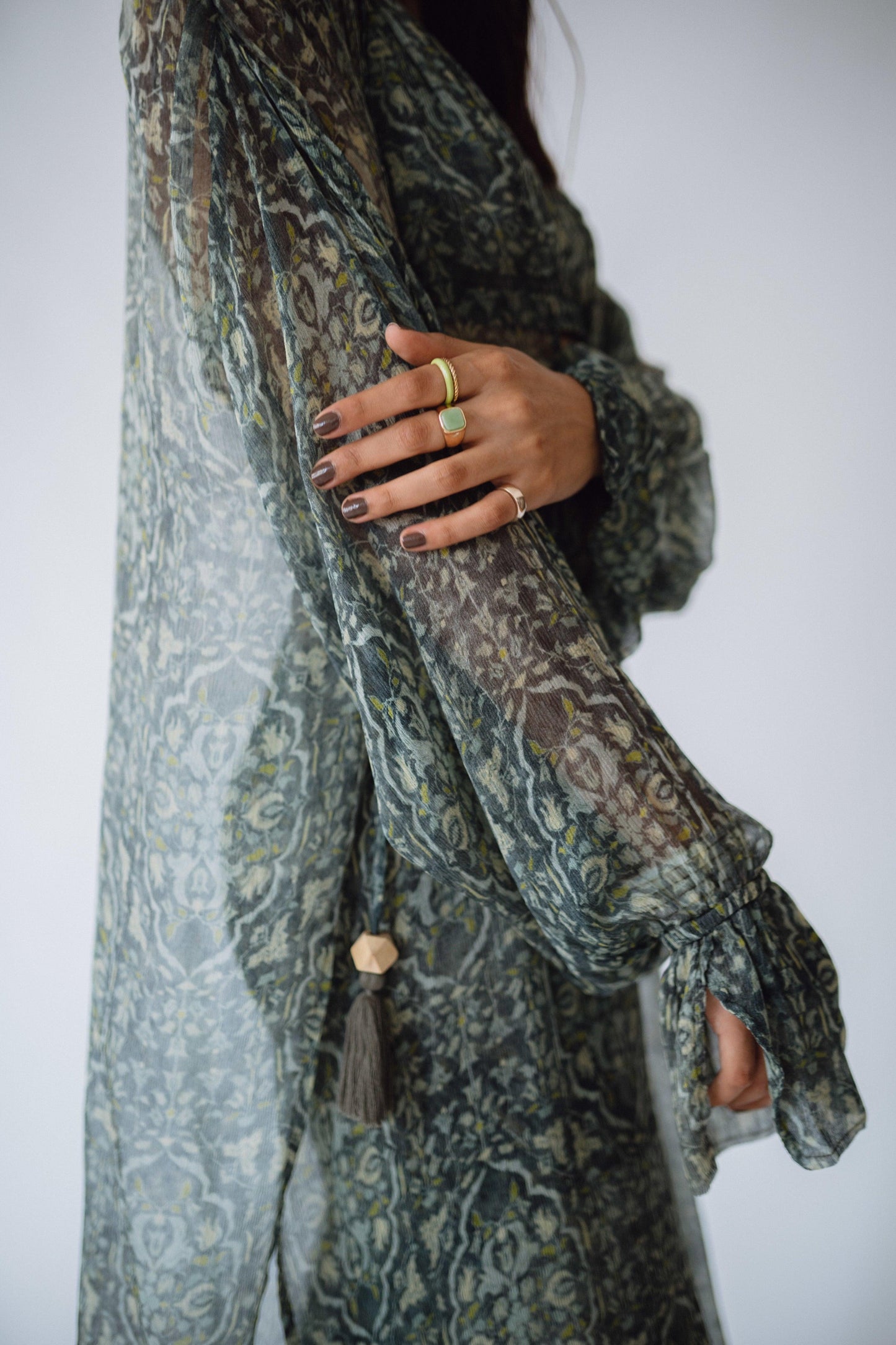 Sheer Long Printed Shirt - Green - Hëne