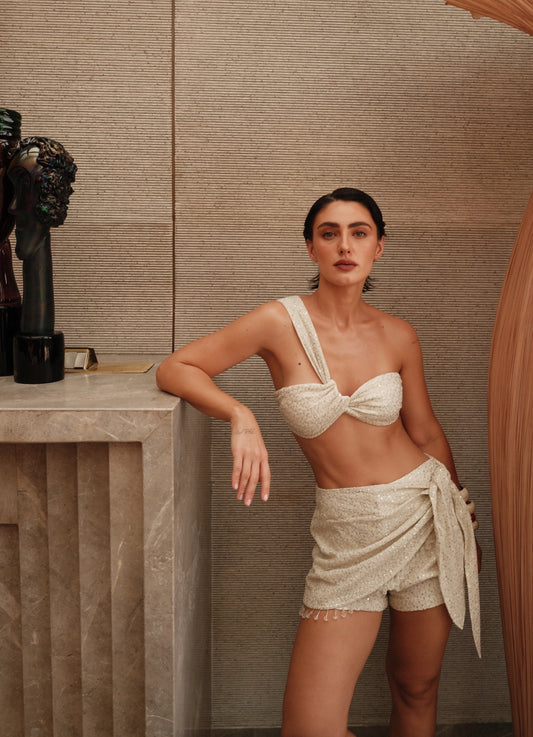 Rita Skort - Embroidered Shorts with Wrap Ties & Crystals