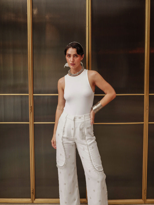 Diana Pants - White Embroidered Pants with Crystals