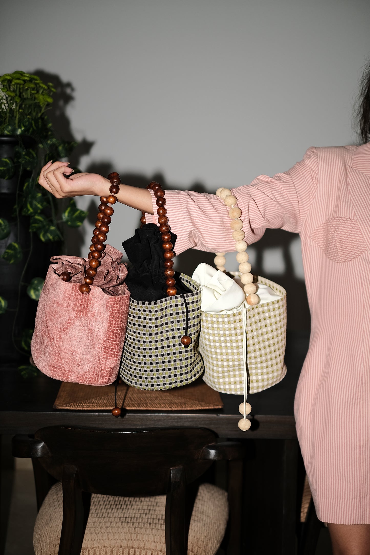 The Potli — Wooden Bead & Drawstring  Bucket Bag