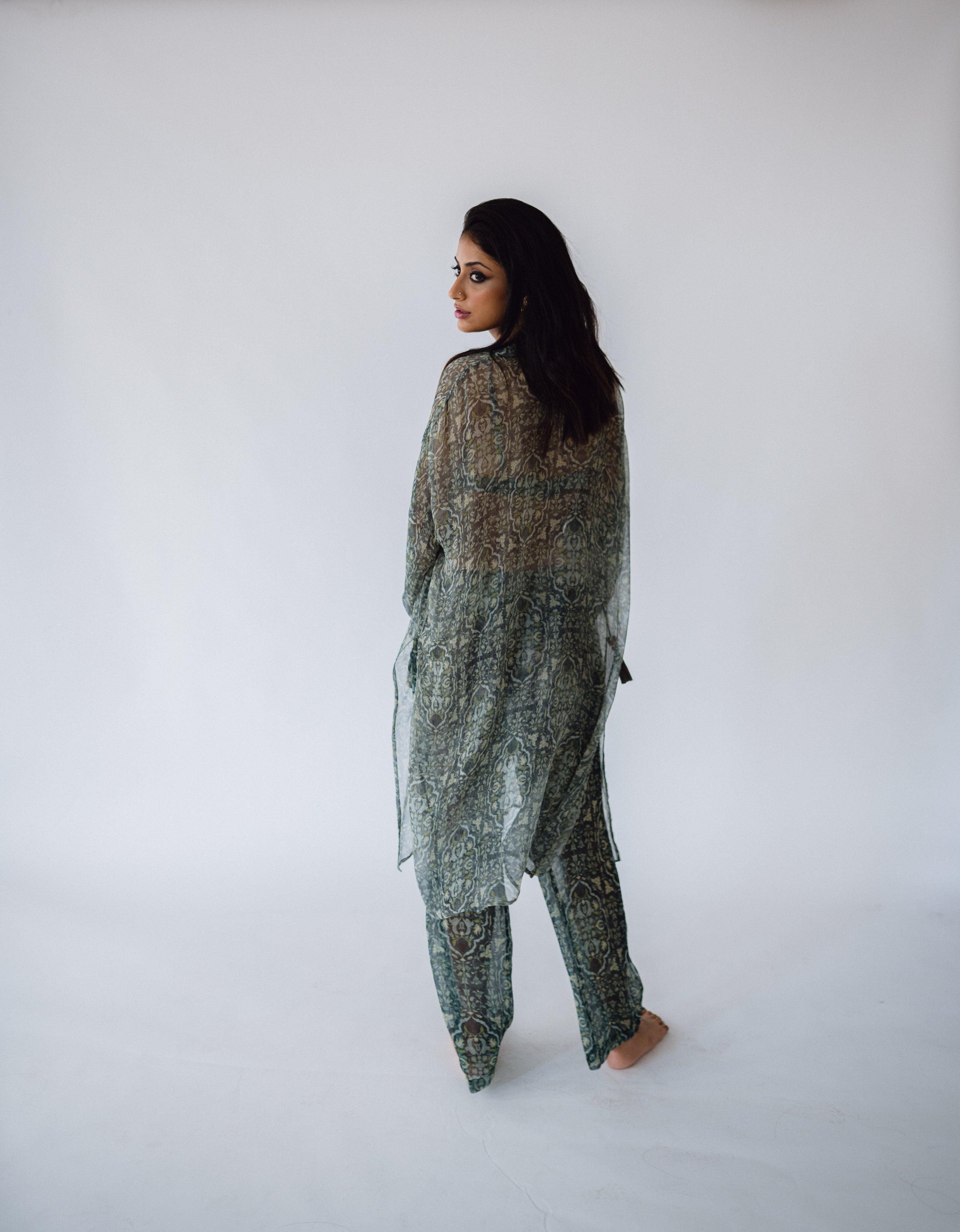 Sheer Long Printed Shirt - Green - Hëne